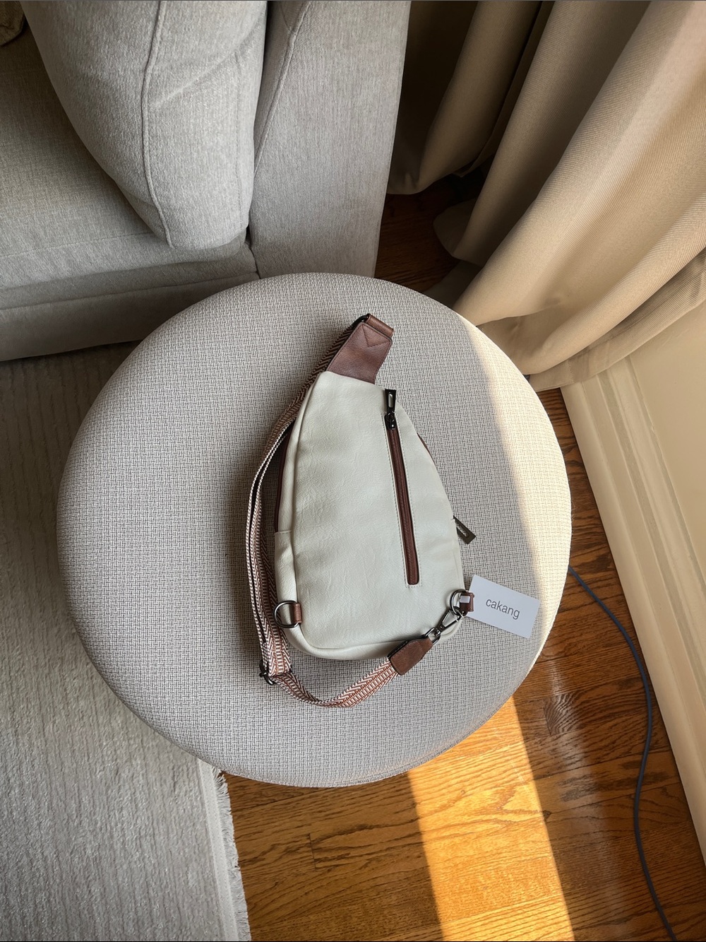 Cream Crossbody Sling Bag with Brown Trim - Picture 2 of 2